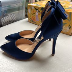 Navy Blue Bow Heels With Ankle Strap , New But Without Box And Tags, Never Worn Out Of The House, Only Tried On. They Didn’t Match Well With The Dress I Purchased To Wear Them With For A Wedding. Size 7 . Heel Height 4.5” Inches Navy Blue And Gold Heels, Navy Wedding Shoes Bride, Midnight Blue Shoes, Navy Heels Wedding, Heels With Blue Dress, Blue Ankle-high Heels With 4-inch Heel, Blue Ankle-high Heels For Party, Blue Ankle-high Heels For Formal Occasions, Ankle-high Blue Heels For Party