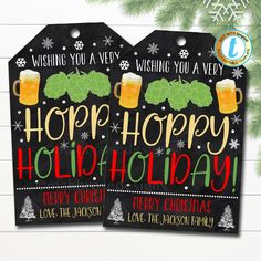 two christmas gift tags with beer mugs on them