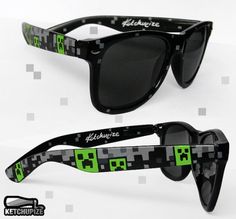 two black sunglasses with green and white pixeles on the sides, one is for sale