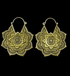 Sold in pairs (2pc). Size: 18G. ASTM f-136 titanium wire. Width: 45mm. Height: 58mm. 10 grams each. Mandala is made from brass. May oxidize under extreme moisture conditions. Artistic Metal Hoop Earrings Nickel Free, Artistic Nickel-free Metal Hoop Earrings, Artistic Gold Hoop Earrings With Ear Wire, Artistic Gold Nickel-free Earrings, Artistic Gold Brass Earrings, Gold Hoop Earrings With Pierced Copper, Nickel-free Gold Plug Earrings For Festival, Hypoallergenic Silver Hoop Earrings In Brass, Festival Silver Copper Earrings