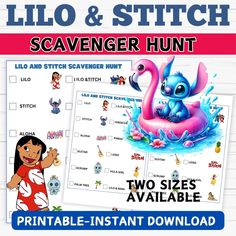 the lilo and stitch scavenger hunt is shown in this printable poster