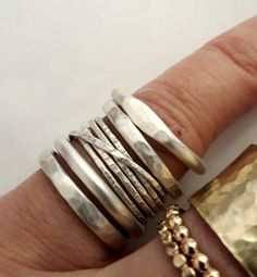 Five Silver Stacking Rings  Rings Set  Handmade by VenexiaJewelry Sterling Silver Stackable Rings, Interlocking Ring, Handmade Gold Jewellery, Stackable Rings Silver, Trendy Ring, Hammered Rings, Silver Stacking Rings, Modern Ring, Rings Set