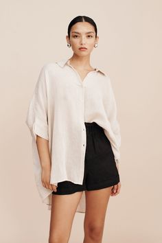 LULA SHIRT - NATURAL – THE POSSE US Oversized Effortless Blouse For Day Out, Effortless Oversized Blouse For Day Out, Oversized Effortless Shirt With Shirttail Hem, Summer Loungewear Shirt With Shirttail Hem, Effortless Linen Top With Shirttail Hem, Oversized Relax Style Shirt For Day Out, Oversized Short Sleeve Relaxed Blouse, Relaxed Oversized Shirt For Day Out, Effortless Oversized Blouse For Daywear