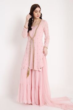 Shop for these amazing collections of Pink Jacket Embroidery Bead Jacket Open Chandani Sharara Set For Women by Bha sha online at Aza Fashions. Georgette Sharara, Sheer Dupatta, Jacket Embroidery, Embroidered Hem, Short Kurta, Georgette Dupatta, Beaded Jacket