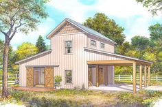 this is an artist's rendering of a barn style house with two garages