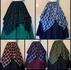 four pictures of different styles of skirts hanging on a wall with the same color and pattern