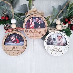 Three laser engraved photo Christmas Ornaments with holiday background Christmas Gifts With Photo, Vinyl Wood Christmas Gifts, Laser Engraved Christmas, Engraved Christmas Ornaments, Photo Christmas Tree, Laser Engraved Gifts, Photo Christmas Ornaments, Laser Engraved Ideas, Family Ornaments