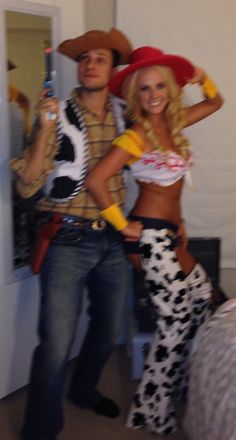 a man and woman dressed up as woody and cowgirls for halloween costume party