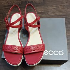 Ecco Touch Braided Wedge Sandal Plateau Color Chili Red Us Sz10-10.5 New In The Box Leather Inner Sole Upper Material Leather Red Chili Color Sandals Ankle Buckle Closure Slight Wedge Design - Heel 2" Elevate Your Summer Style With These Stunning Ecco Touch Sandals In Chili Red. Crafted With Premium Leather, These Strappy Sandals Feature A Beautiful Design And Are Perfect For Any Occasion. Casual Synthetic Wedge Sandals With Red Sole, Red Leather Wedge Sandals, Red Flat Wedge Sandals For Beach, Red Closed Toe Synthetic Wedge Sandals, Red Synthetic Closed Toe Wedge Sandals, Red Wedge Sandals With Heel Strap For Beach, Red Ankle Strap Wedge Sandals With Removable Insole, Red Wedge Sandals With Heel And Ankle Strap, Red Synthetic Low Wedge Sandals