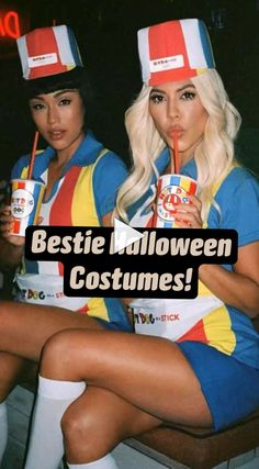 two women dressed in costumes sitting next to each other and drinking beverages with the caption bestie halloween costumes