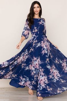 Yumi Kim Woodstock Maxi - Botanical Garden Navy S Floral Gowns Long Casual, Full Sleeve Maxi Dress, Chiffon Styles, Floral Print Chiffon Maxi Dress, Frocks Design, Floral Chiffon Maxi Dress, Elegant Bohemian, A Line Maxi Dress, Floral Print Dress Long