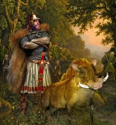 a painting of a man in armor standing next to a warthog with his arms crossed