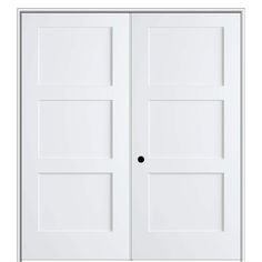 two white doors with black knobs on the top and bottom, against a white background