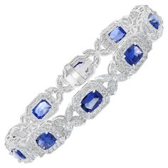 Get Ready for the summer with this vibrant Blue Sapphire bracelet. Showcases color-rich 10 cushion-cut blue sapphires weighing 10.47 carats total; surrounded by a single row of brilliant round diamonds weighing 3.09 carats total. These Sapphires are linked with flower shape Marquise diamonds weighing 1.48 carats total. A magnificent bracelet made for any occasion. Blue Sapphire Bracelet, Diamond Cuff Bracelet, Gold For Sale, Cushion Diamond, Pretty Jewelry, Sapphire Bracelet, Cushion Cut Diamonds, Vibrant Blue, Diamond Bracelets