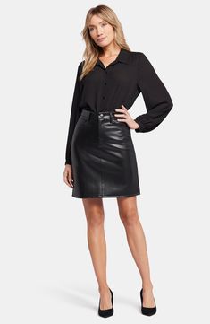 Stretchy faux leather with compression technology creates a sleek, sculpted look in this day-to-night skirt that ends at a versatile knee length. 20" length (size 8) 93% polyester, 7% elastane Machine wash, line dry Imported Night Skirt, Pocket Skirt, Black Leather Skirts, Fall Skirts, Faux Leather Skirt, Petite Outfits, Skirts With Pockets, Black Faux Leather, Jet Black