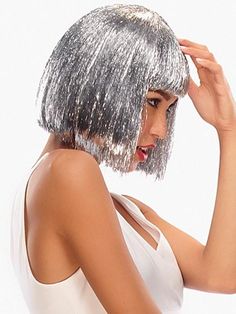 Tinsel Town by Illusions | Party & Costume Wig – Wigs.com Silver Wigs, Wig Outlet, Vivica Fox Wigs, Ponytail Hair Piece, Kids Wigs, Best Wig Outlet, Hair Tinsel, Chin Length Bob, Wig Party