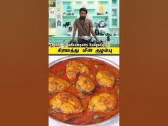 a man standing in front of a pan filled with food