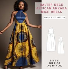 Digital sewing pattern for HALTER NECK AFRICAN ANKARA  MAXI DRESS ✔️ US Sizes: 2, 4, 6, 8, 10, 12, 14, 16, 18, 20, 22, 24, 26, 28, 30 ✔️ Standard sizes: XS, S, M, L, XL, 2XL, 3XL, 4XL/5XL ✔️These templates are suitable for A4, A0 and US Letter size paper. When you purchase this pattern, you will receive a digital (pdf) sewing pattern and instructions. Once your payment processes, you will automatically receive a download links of pattern files. If you have any problem accessing the files, please Traditional Dress African, Wax Print Dress, Front Zipper Dress, Ankara Maxi Dress, African Traditional Wear, Women's Sewing Pattern, Dress Traditional, Best African Dresses, Dress African