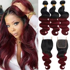 Hair Advantages: Ombre Body Wave Human Hair Bundles Strong Double Machine Weft, No Shedding, Free Part Lace Closure Middle Part , 4x1inch Head woven area that can reduce shedding. Swiss Brown Lace, Match your skin well. Hair Color: 1B/99J Black to Burgundy, Can be Dyed to Darker Color.The Bundles Were Full with a Natural Luster. They Were Extremely Soft. Free Part Closure: 4"x1" Hand-Tied Lace Closure ,12inch-20inch, 35-50g/pcs.Medium Brown Swiss Lace ,Body Wave Hair Bundles with Free Part Lace Loc Extensions Human Hair, Natural Hair Extensions, Black Hair Extensions, Ombre Hair Extensions, Brazilian Hair Bundles, Human Hair Color, Brazilian Hair Weave, Braids With Extensions, Crochet Braids Hairstyles