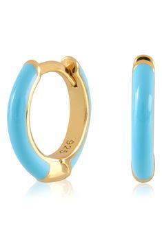 Easy-to-wear hoop earrings will add significant polish to even your most casual ensembles. 1/2" drop; 1/8" width Hinge with snap-post closure Sterling silver with goldtone plate/enamel Imported Blue Huggie Hoop Earrings, Blue Hypoallergenic Small Hoop Jewelry, Hypoallergenic Blue Small Hoop Jewelry, Blue Huggie Hoop Earrings For Pierced Ears, Blue Hypoallergenic Small Hoop Huggie Earrings, Blue Hoop Huggie Earrings Gift, Hypoallergenic Blue Small Hoop Huggie Earrings, Blue Huggie Hoop Earrings For Gift, Blue Huggie Hoop Earrings As Gift