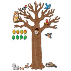 a tree with animals and birds on it