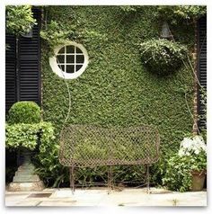 a bench sitting in front of a building covered in green plants and ivy with a round window