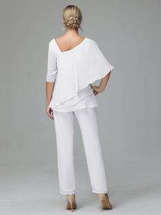 Half Sleeves Chiffon Mother Of The Bride Dress Pant Suits White V-neck Party Set, Elegant Georgette Wedding Guest Sets, Elegant Georgette Sets For Wedding Guests, Summer Formal Chiffon Sets, Elegant V-neck Evening Set, White V-neck Pantsuit For Party, Elegant V-neck Party Sets, Summer Evening V-neck Set, Elegant Chiffon Set For Evening