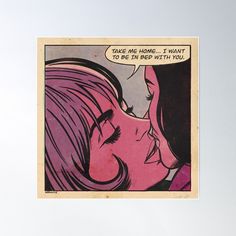 an old comic strip with a woman kissing a man's face poster print on the wall