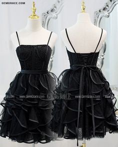 10% off now|Free shipping world-wide. Special Black Ruffled Short Homecoming Dress with Spaghetti Straps at GemGrace. Click to learn our pro custom-made service for wedding dress, formal dress. View #HomecomingDresses for more ideas. Black Ruffled Mini Dress For Prom, Black Mini Dress With Ruffled Straps For Party, Black Ruffled Dresses For Prom Season, Black Ruffle Dress For Prom Season, Black Ruffled Mini Dress For Homecoming, Black Dress With Sweetheart Neckline And Straps, Black Mini Dress With Corset Back For Prom, Spaghetti Strap Ruffled Mini Dress For Prom, Spaghetti Strap Mini Dress With Ruffles For Prom