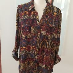 Ny Collection Blouse In Size L. Sleeves Can Be Rolled Up Or Down. Burgundy, Gold And Blue. Non Smoking Home Multicolor Bohemian Tops For Work, Bohemian Multicolor Tops For Work, Bohemian Multicolor Blouse For Workwear, Bohemian Multicolor Blouse For Work, Multicolor Rayon V-neck Blouse, Luxury Multicolor Button-up Blouse, Multicolor Non-stretch Bohemian Blouse, Fitted Button-up Paisley Print Blouse, Fall Paisley Print V-neck Blouse