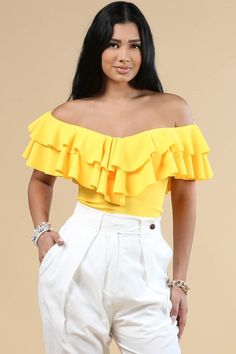 Flirty Fitted Top With Ruffles, Stretch Top With Ruffled Straps And Details, Stretch Ruffled Tops For Night Out, Stretch Ruffle Tops For Night Out, Yellow Stretch Tops With Ruffles, Ruffled Top, Neck Ruffle, Ruffle Top, Workout Tops