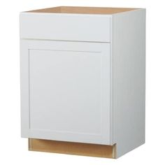 a white cabinet with a wooden door and drawer on the bottom shelf, against a white background