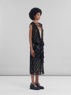 Black chiffon dress with flower appliqués | Marni Black Chiffon Dress, Flat Heel Boots, Black Chiffon, Sleeveless Midi Dress, Women Essentials, Lacing Sneakers, Midi Dress Sleeveless, Silk Chiffon, Favorite Dress