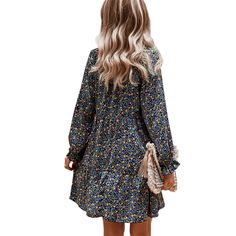 Navy Blue Floral Print Lace-up Long Sleeve Dress Blue Bohemian Floral Dress With Ditsy Print, Blue Floral Long Sleeve Flowy Dress, Blue Floral Print Dress For Fall, Bohemian Blue Ditsy Floral Dress, Blue Fall Vacation Dress, Flowy Blue Mini Dress With Ditsy Floral Print, Blue Flowy Mini Dress For Fall, Blue Long Sleeve Casual Floral Dress, Blue Floral Print Mini Dress With Long Sleeves