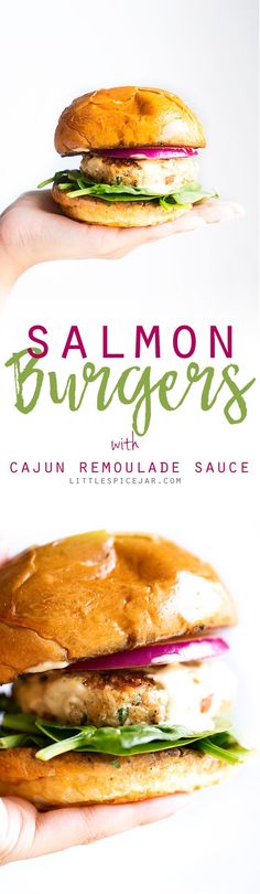 the cover of salmon burgers with cajun remoulade sauce