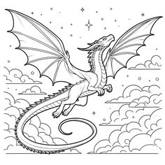 a dragon flying in the sky with clouds