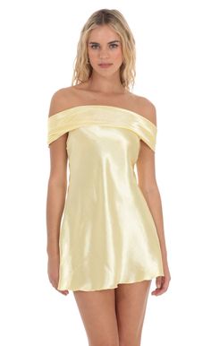 Satin Off Shoulder Dress in Yellow | LUCY IN THE SKY Yellow Hoco Dress, Satin Off Shoulder Dress, Yellow Homecoming Dresses, Upf Clothing, Semi Dresses, Cute Homecoming Dresses, Hoco Dress, Casual Day Dresses, Dress With Short Sleeves