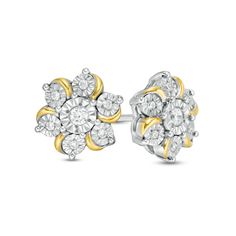 Eye-catching and unique, these diamond flower earrings are certain to delight. Created in sterling silver and 14K gold plate, each earring showcases a flower-shaped arrangement of diamonds - each artfully set to enhance size and sparkle. Curved gold-plated ribbons lend charming visual interest to the look. Captivating with 1/10 ct. t.w. of diamonds and a brilliant buffed luster, these post earrings secure comfortably with friction backs. Diamond Flower Earrings, Dolphin Jewelry, Flower Stud Earrings, Flower Stud, Diamond Flower, Flower Earrings Studs, Flower Studs, Sterling Silver Earrings Studs, Diamond Stone