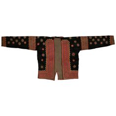 Black star jacket from the Hmong people Laos, early 20th century A boldly decorated jacket with bright appliqué’ star shapes and intricate cross-stitch embroidery is a unique example of the traditional costume making of the Hmong people. Very good condition. Traditional Red Costume Outerwear, Traditional Black Ceremonial Outerwear, Traditional Black Outerwear For Costume, Traditional Black Outerwear For Festivals, Traditional Black Costume Outerwear, Decorated Jacket, Historical Garments, Star Jacket, Hmong Embroidery