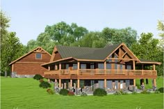 a large wooden house sitting in the middle of a lush green field with lots of trees