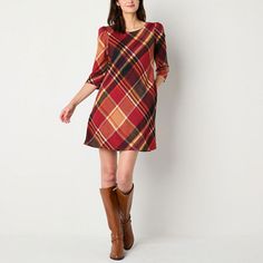 This Jessica Howard women's short shift dress is the perfect stylish upgrade for your holiday or cold-weather wardrobe. It's made from a soft stretch-knit in a red plaid pattern and features a boat neckline and 3/4 puffed sleeves. Wear it with boots or heeled sandals.Closure Type: ButtonNeckline: Boat NeckPockets: 2 Side Slip PocketsSleeve Length: 3/4 SleeveSleeve Style: Puffed SleeveApparel Length: 36.5 Inches - BackDress Length: Short LengthFiber Content: 96% Polyester, 4% SpandexFabric Descri Short Shift Dress, Medium Dresses, Shift Dresses, Jessica Howard, Medium Dress, Large Dress, Boat Neckline, Small Dress, Puffed Sleeves