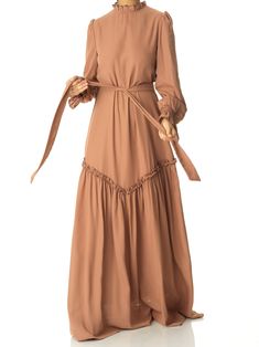 Soft Mocha Heart of Marigold long sleeve maxi dress Kabayare Long Sleeve Maxi Dresses, Types Of Gowns, Party Wear Gowns, Chic Cocktail Dress, Bandana Top, Dream Dresses, Bohemian Maxi Dress, Church Dresses, Ladies Gown