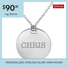 Treat yourself or a loved one to personalized jewelry with this classic name pendant necklace. Made from Sterling Silver, it features a monogrammble circle pendant on a cable chain.Features: Personalized, MonogrammableJewelry Closure: Spring Ring ClaspLink Construction: SolidShape: CircleMetal Color: WhiteChain Length: 18 InchChain Width: 1.25 MillimetersPendant Length: 19mmPendant Width: 19mmChain Construction: CableMetal: Sterling SilverNecklace Type: Pendant NecklacesAssembled in the US from… Engraved Jewelry As Gift For Mom, Personalized Circle Jewelry For Personalized Gift, Personalized Circular Jewelry, Father's Day Engraved Round Jewelry, Father's Day Round Engraved Jewelry, Customizable Name Necklace Round Pendant For Mom, Customizable Round Pendant Name Necklace For Mom, Personalized White Gold Name Necklace With Round Pendant, Personalized White Gold Round Pendant Name Necklace