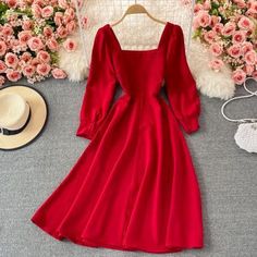 Red Long Sleeve Solid Dress, Red Square Neck Dresses For Winter, Red Square Neck Winter Dresses, Long Sleeve Solid Color Midi Evening Dress, Chic Red Midi Length Long Sleeve Dress, Red Square Neck Dress For Fall, Trendy Long Sleeve Solid Color Dresses, A-line Long Sleeve Party Dress In Solid Color, Elegant Long Sleeve Midi Dress In Red For Spring