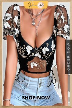 Sexy Butterfly Embroidered Draw String Mesh V Neck Low Waist T-shirts M 16, Low Waist, Wholesale Fashion, Casual T Shirts, Shirt Online, Sleeve Styles, V Neck T Shirt, Casual Wear, Tops & Tees