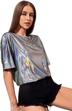 This gold metallic holographic short sleeve shirt is perfect for men and women. It features a lightweight and breathable fabric that will keep you cool and comfortable all day long. Its holographic design is perfect for adding a stylish touch to your look. 100% Polyester Imported Pull On closure Machine Wash Fabric has slight stretch and is comfy to wear Brand Size Chest Waist S 43.7 40.6 M 45.7 42.5 L 48.7 45.5 XL 51.7 48.5 XXL 54.6 51.5 Metallic Shirt, Holographic Design, Metallic Shorts, Metallic Blouses, Winter Knit Hats, Boot Accessories, Winter Knits, Mens Sandals, Sunglass Frames