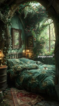 an image of a bedroom that looks like it is in the middle of a forest