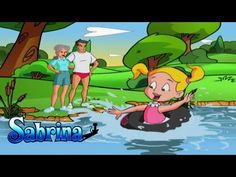 an animated cartoon character is in the water with two other people behind her and one man standing