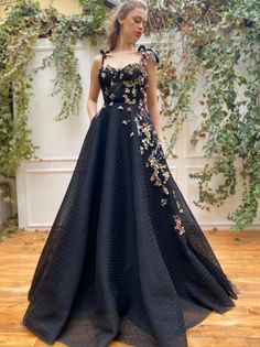 Whimsical Floral Dots Gown | Teuta Matoshi Flower Prom Dress, Black Flower Dress, Spaghetti Strap Prom Dress, Red Dress Women, Tulle Flowers, Prom Dress Inspiration, Pretty Prom Dresses, Fancy Dress Design, Red Prom Dress