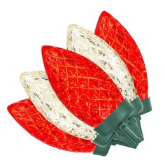 three red and white christmas lights with green wire on each one's head, set against a white background